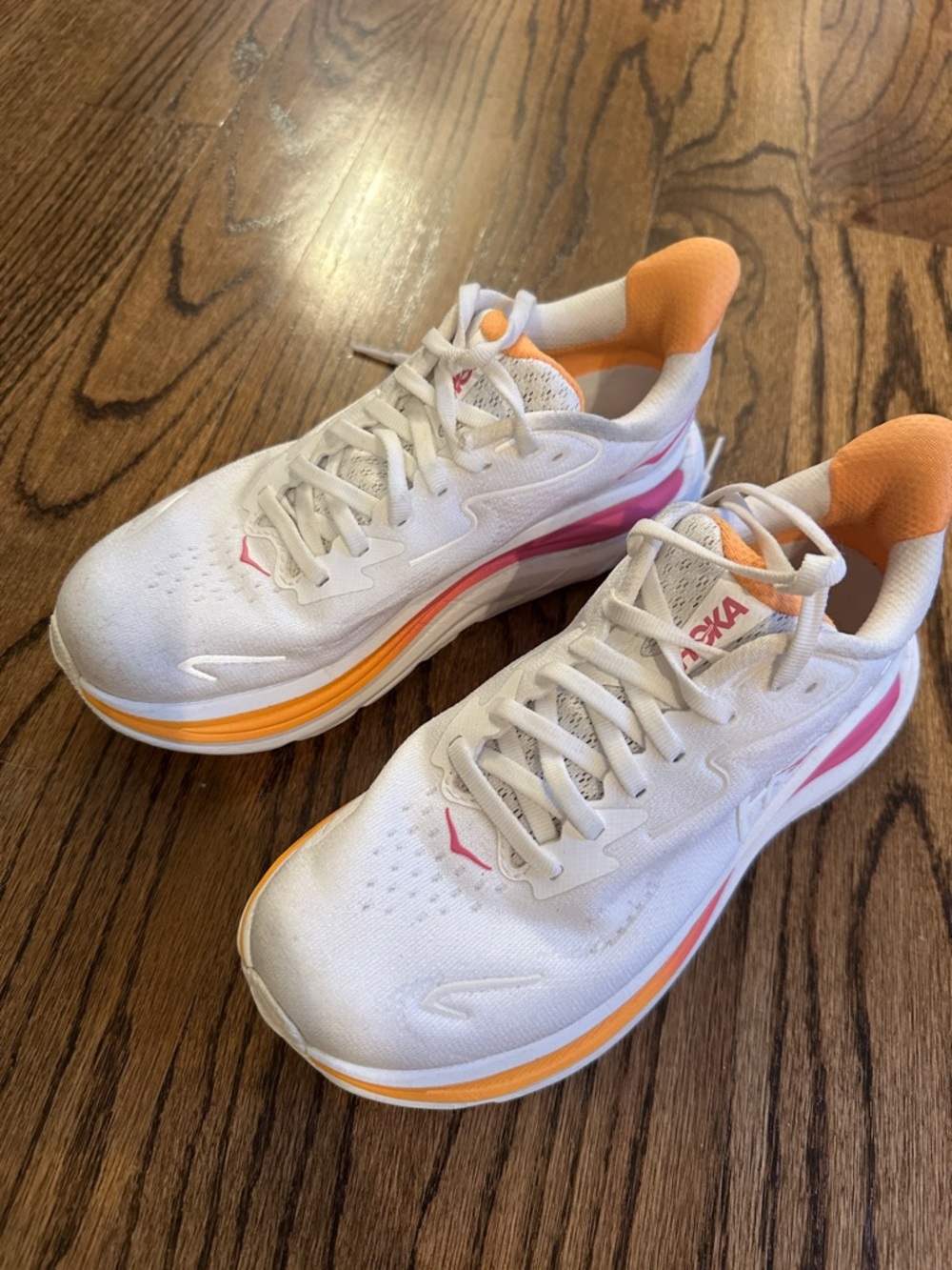 Hoka Women's White Running Shoes with Pink & Orange Accents